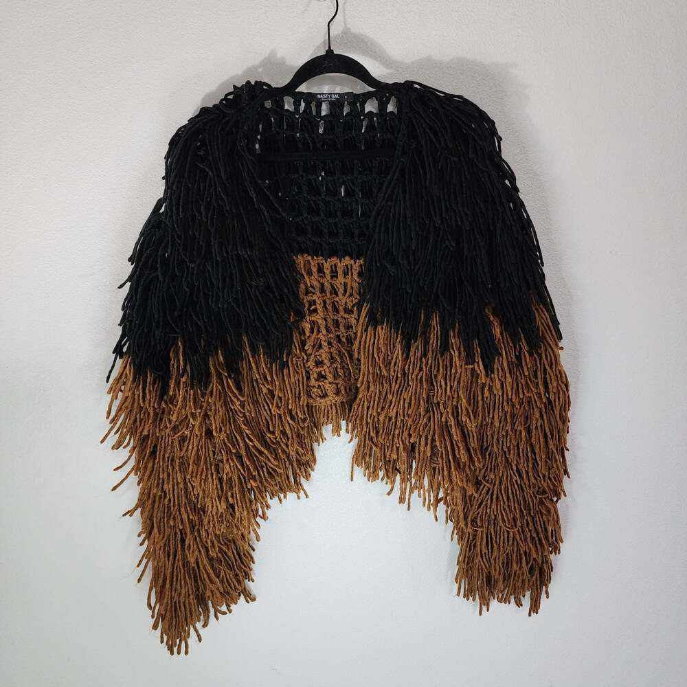 Nasty Gal Collection Bad Romance Shaggy Fringe Cardigan Black Brown Size S - Picture 2 of 9